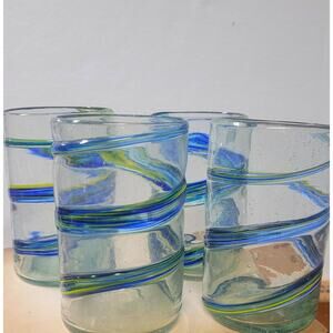 Tumblers Recycled, Mouth Blown in Mexico. Four Blue Green Swirl Glassware 5.25"